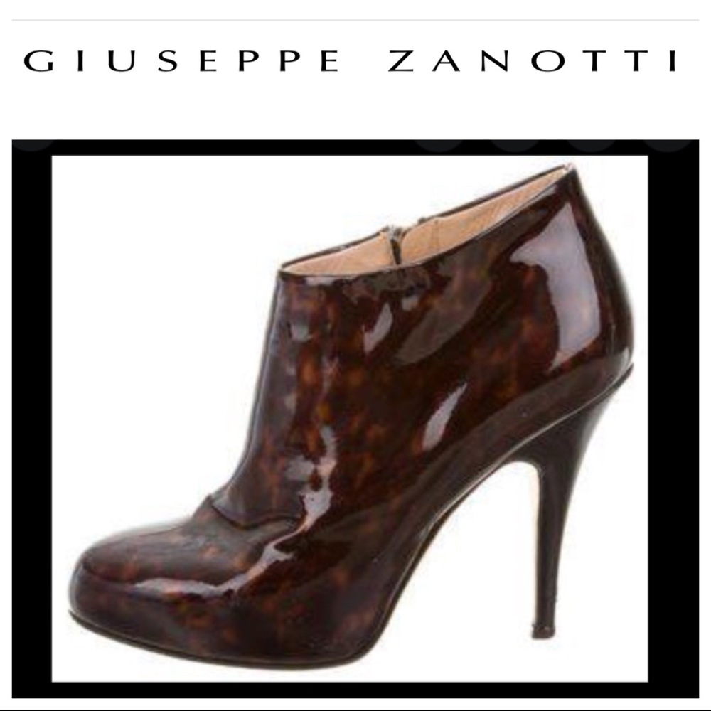 GIUSEPPE ZANOTTI PATENT LEATHER TORTOISE SHELL PRINT ANKLE BOOTS SIZE 6